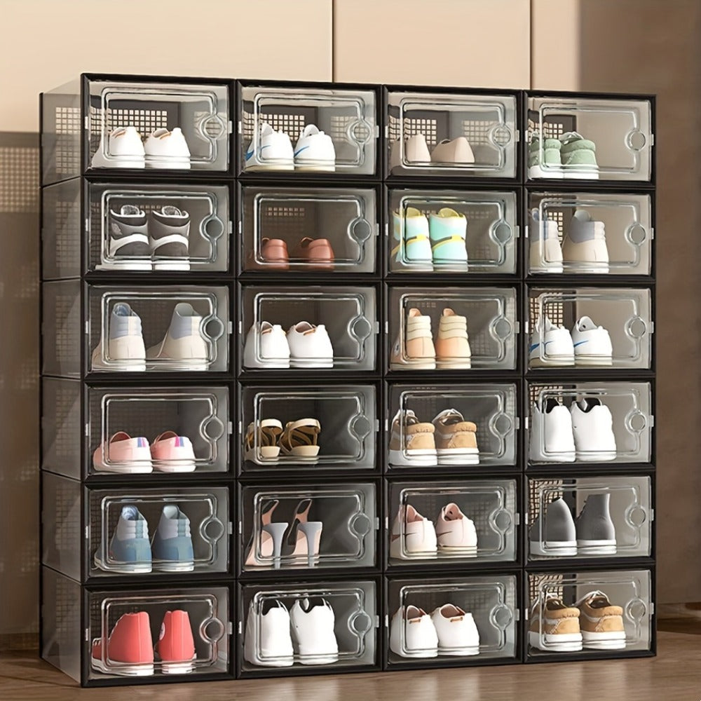 Transparent Stackable Shoe Boxes with Lid ¨C Foldable Clear Sneaker Storage Organizer (6/24pcs)