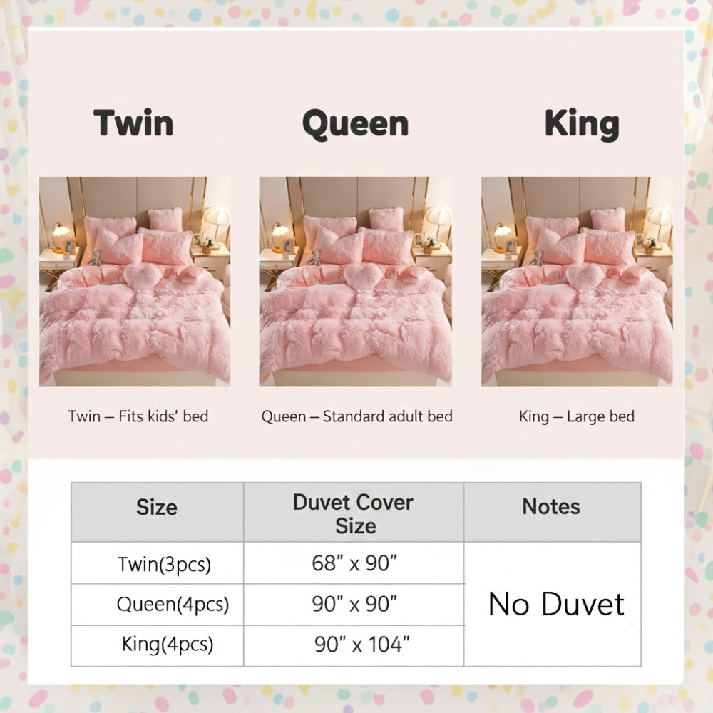 Faux Fur Duvet Cover Set Twin Queen King Super Soft Plush Comforter Cover with Pillowcases Heart Pillow for Kids Teens Machine Washable Bedroom Decor