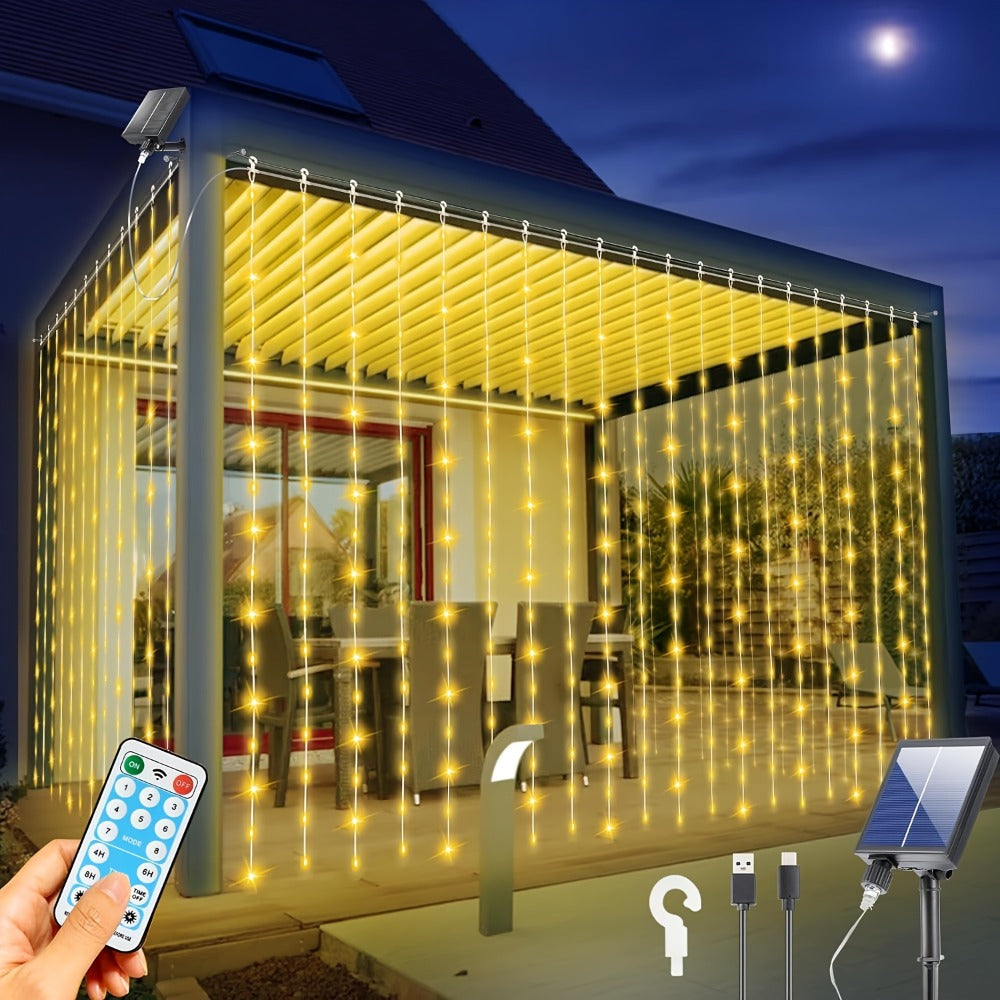 Solar Curtain Lights Outdoor 300 LED Waterfall Fairy String Lights with 8 Modes Remote Control USB Rechargeable Dimmable Timer for Christmas Gazebo Party Wedding Window Decor