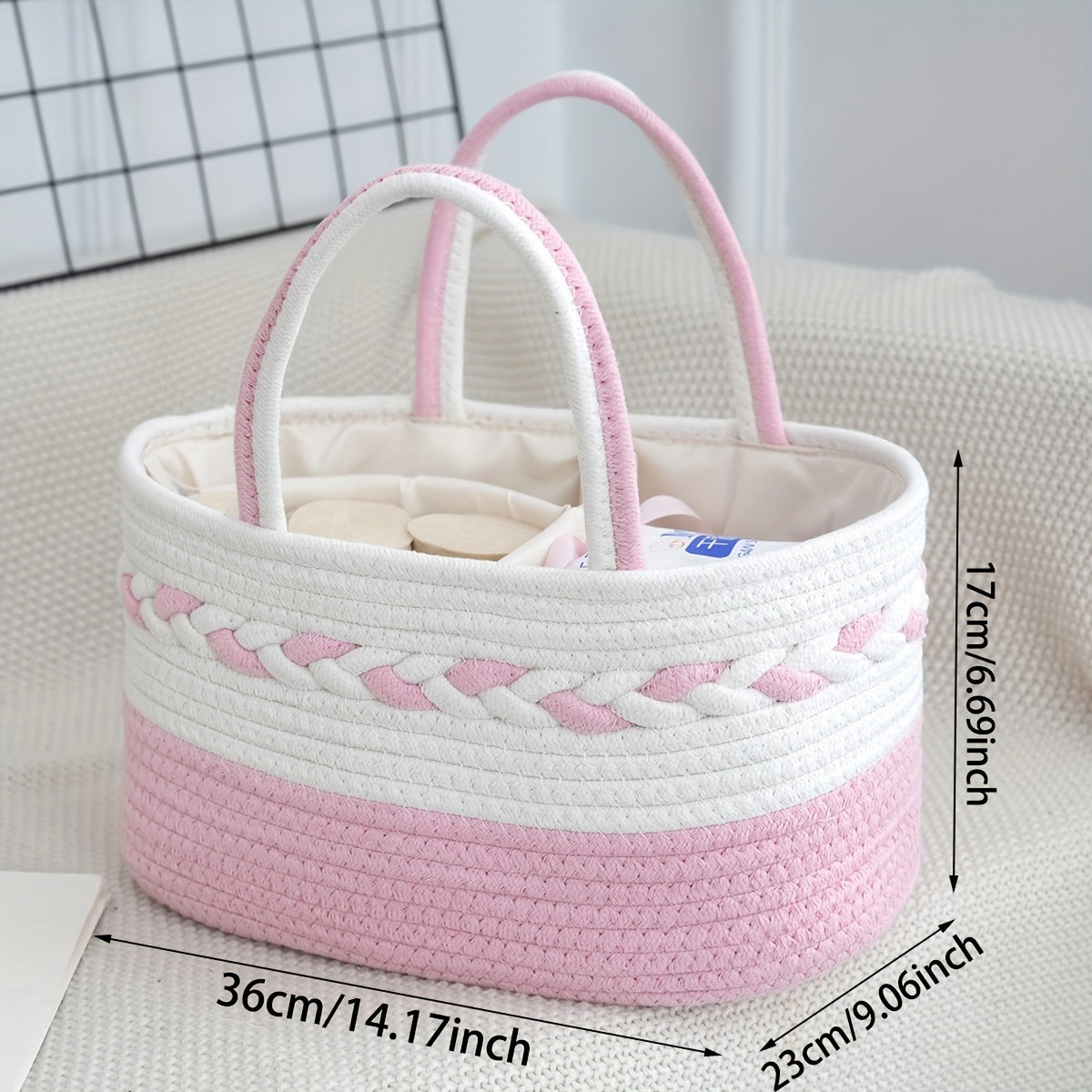 Boho Rope Storage Basket Woven Foldable Organizer 14¡± Large Capacity - Removable Lining Striped Shelf Basket with Handle for Home Bedroom Living Room Laundry Decor