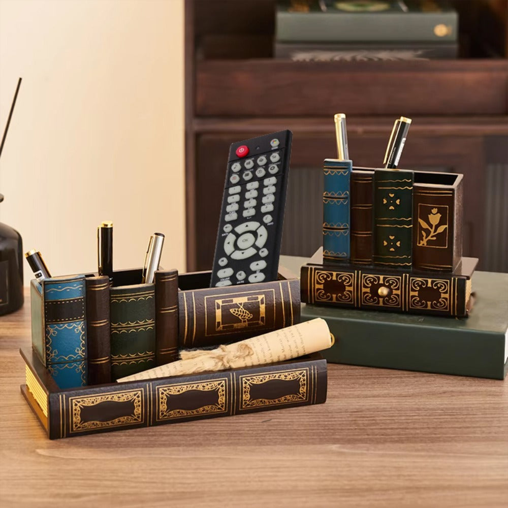 Wooden Pen Holder with Drawer Book-Shaped Desk Organizer, Vintage Retro Wood Desktop Storage Box with Hidden Drawer for Pens Pencils Remote Control, Decorative Office Home Study Room Gift