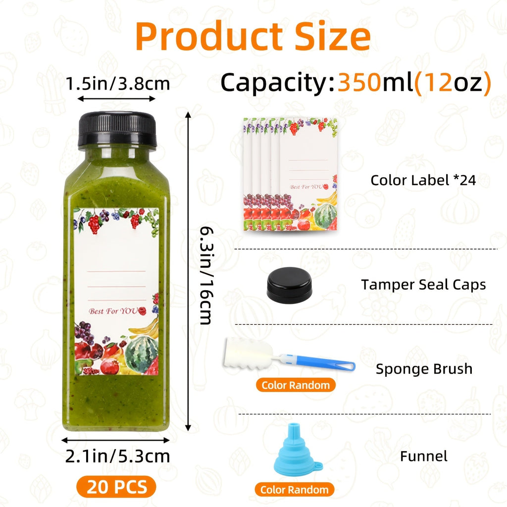 Plastic Juice Bottles with Lids - Clear Reusable Drink Containers for Juice Smoothies Water and Beverages, Available in 12oz and 16oz in Sets of 20, 36, 56 or 100, Includes Funnel and Cleaning Brush