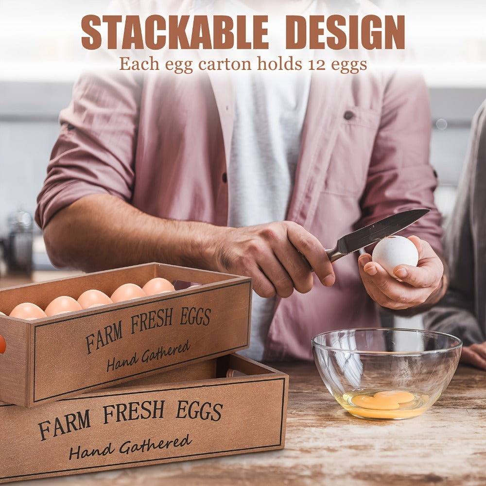 Farmhouse Wooden Egg Holder Rack 2pcs - 24 Egg Storage Display with Handle for Kitchen, Farm, Easter
