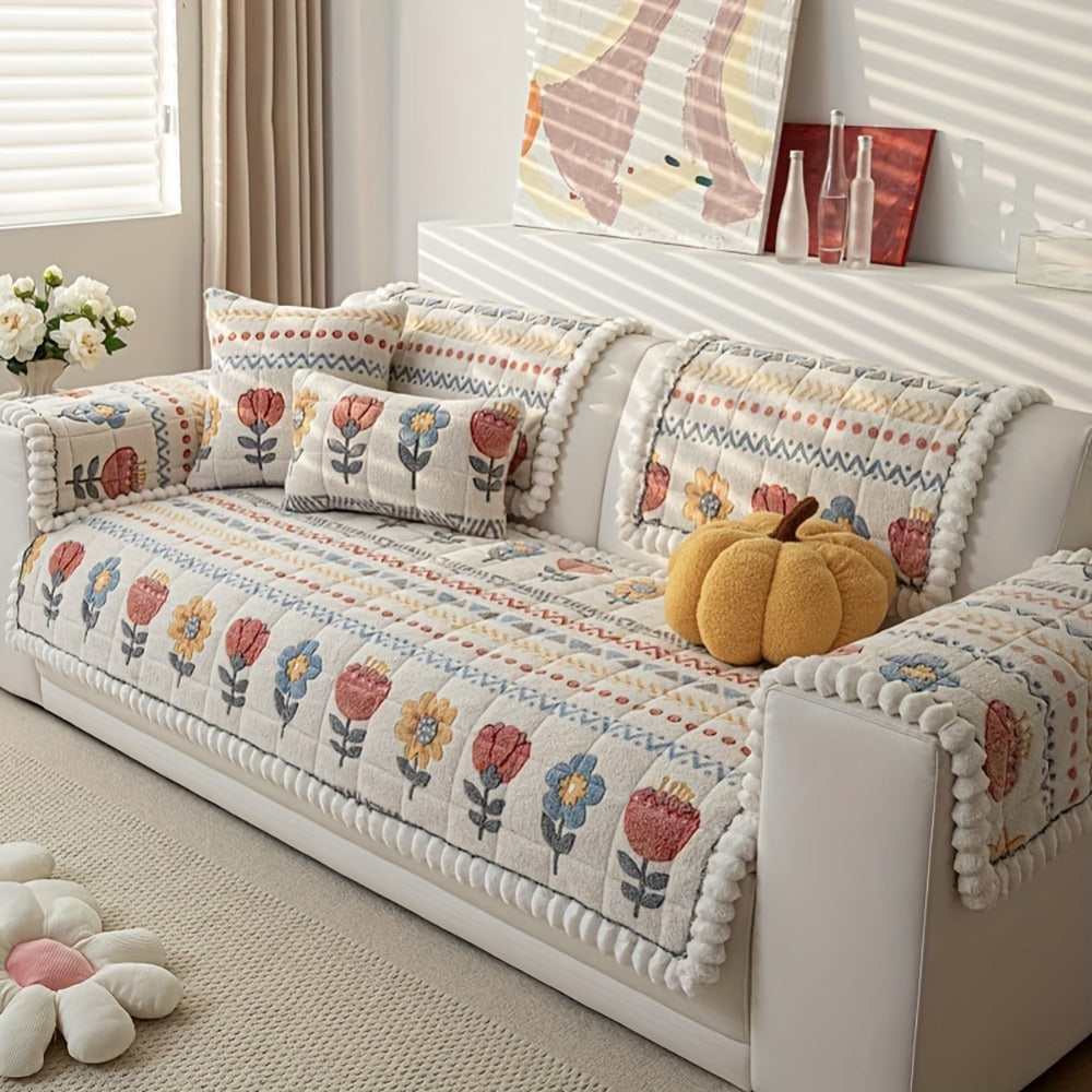 Bohemian Floral Quilted Sofa Cover - Thick Milk Fleece Warm Cozy Couch Protector Machine Washable with Ruffle for 2 3 4 Seater Living Room Decor, White