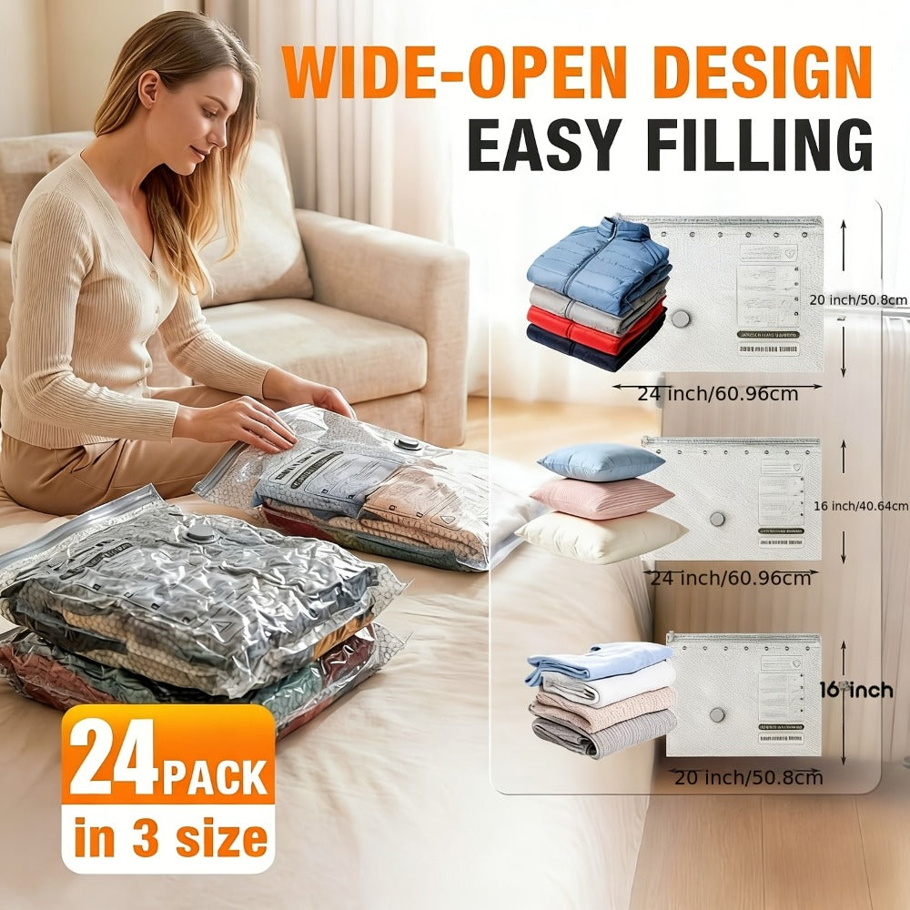 Travel Compression Bags with Pump 24 Pack - Vacuum Storage Pouches for Clothing, Space Saving Packing Bags for Suitcase Backpack
