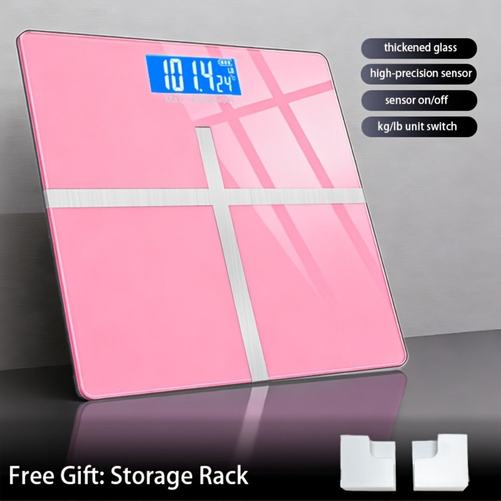 Digital Bathroom Scale with LCD Temperature Display ¨C 396 lb High-Precision Weight Scale, KG/Pounds Switchable, Wide Non-Slip Platform, Available with HD LED Upgrade, Waist Strap & Storage Rack