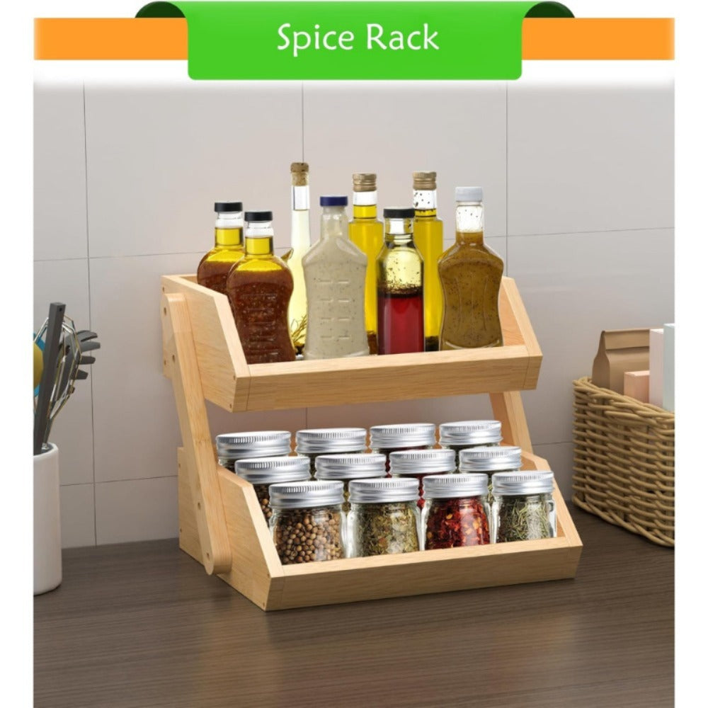Bamboo Fruit Storage Rack 2-3 Tier with Hooks, Kitchen Counter Organizer for Fruits Vegetables Bread Spices, Freestanding Shelf Basket Display Stand