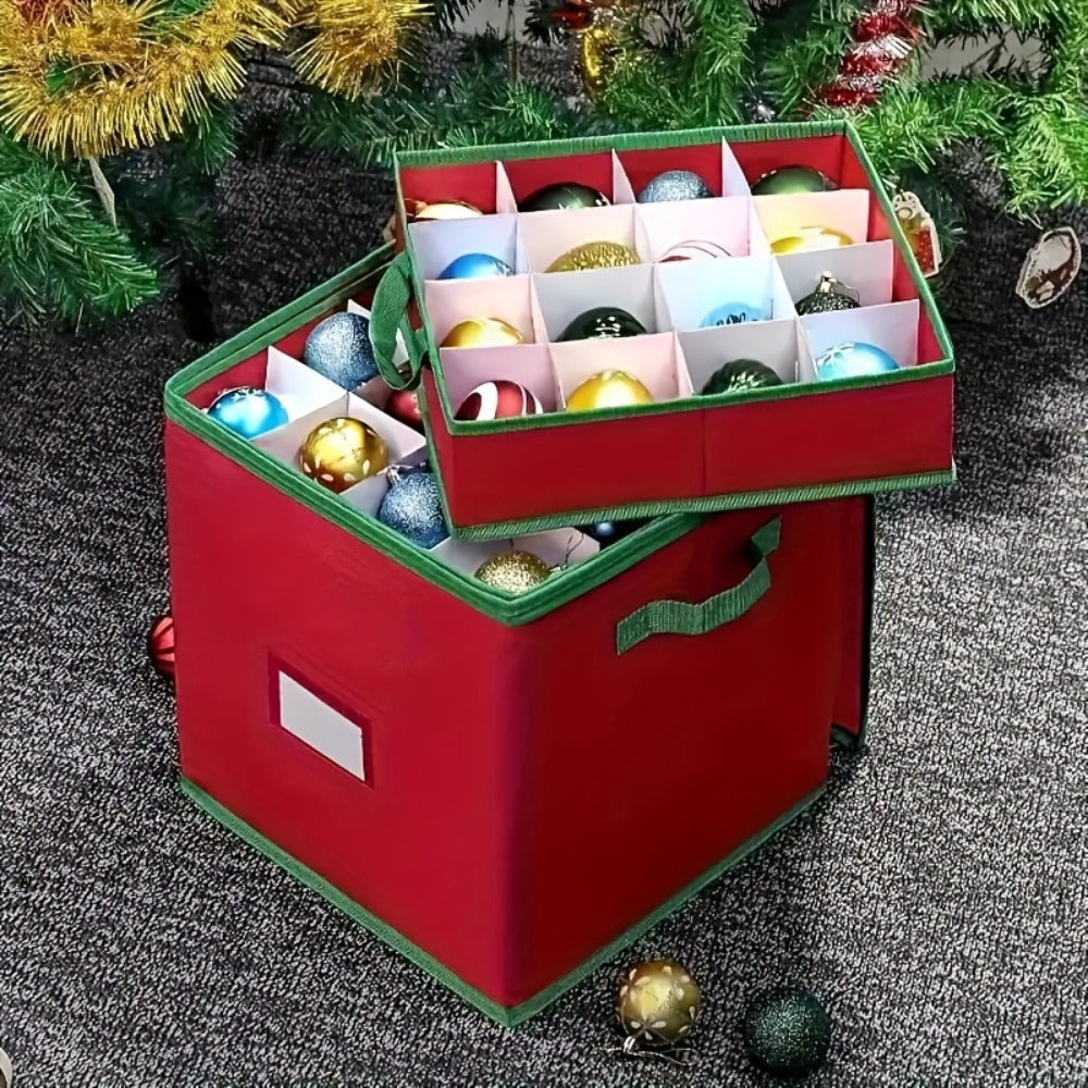 Christmas Ornament Storage Box ¨C Holds Up to 64 Holiday Ornaments, Adjustable Dividers, Covered Lid & Dual Handles, Clear Protective Container Keeps Decorations Safe, Clean & Dust-Free