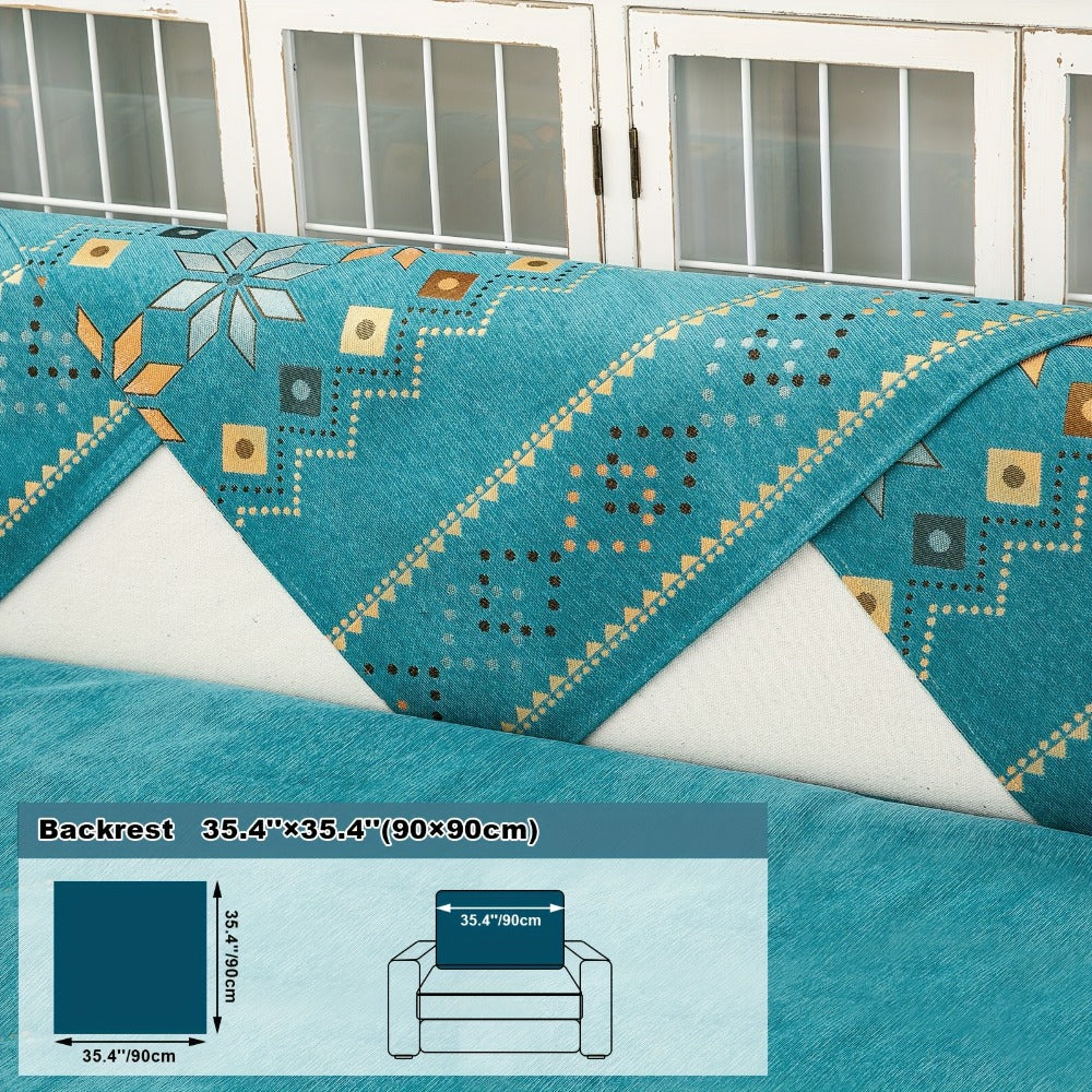 Bohemian Chenille Sofa Cover | Geometric Print Non-Slip Couch Slipcover, Thick Plush Boho Style, 1 to 4 Seat, Armrest & Backrest, Machine Washable, Sectional Sofa Protector