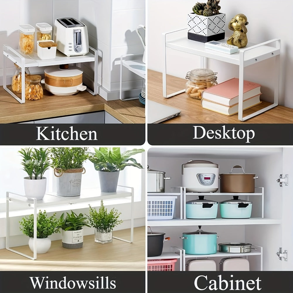 Expandable Cabinet Shelf Organizer Riser ¨C Height Adjustable Retractable Rack with Suction Cup Base for Kitchen Pantry Cupboard Under Sink Countertop, Heavy Duty Metal Space Saver, Stackable Storage