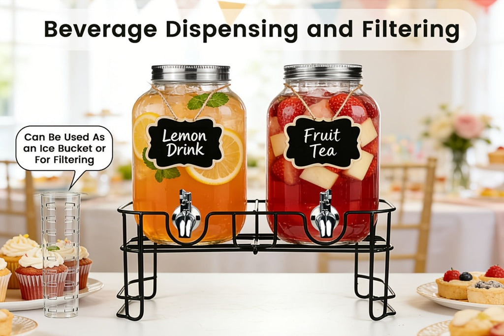 Glass Drink Dispenser with Fruit Infuser, Ice Cylinder & Stainless Steel Spigot ¨C 1 Gallon Beverage Dispenser with Stand for Parties, Weddings, BBQ & Lemonade