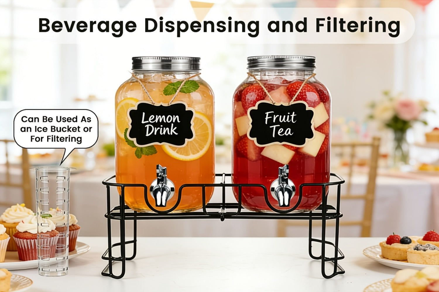Glass Drink Dispenser with Fruit Infuser, Ice Cylinder & Stainless Steel Spigot ¨C 1 Gallon Beverage Dispenser with Stand for Parties, Weddings, BBQ & Lemonade