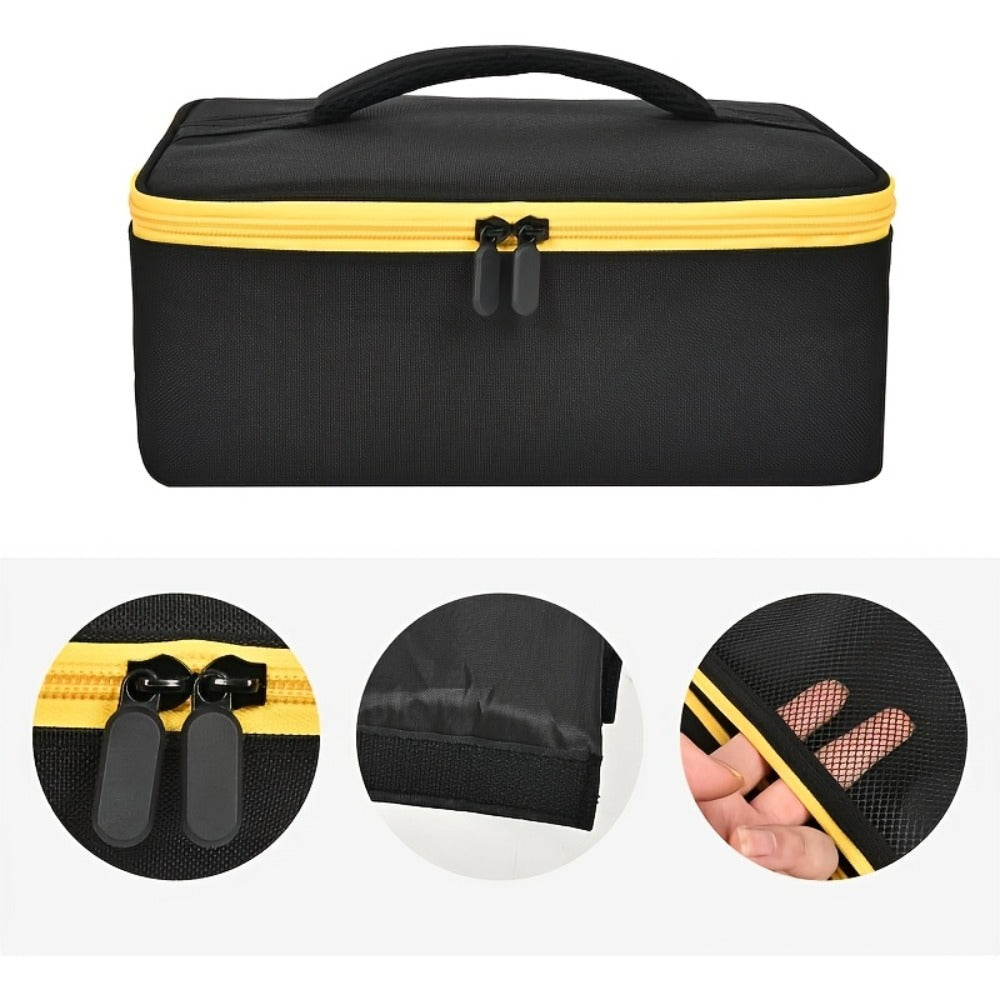 Tool Bag for Dewalt Cordless Router DCW600B XTR01Z - Heavy Duty Fabric Organizer with Mesh Pockets, Battery Holder, Charger Compartment, Drill Bit Storage, Black Yellow Trim
