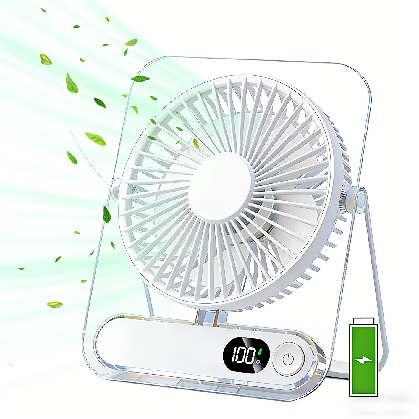 Desk Fan Portable USB Rechargeable 3000mAh Battery 5-Speed Adjustable 180 Degree Foldable Ultra Quiet Digital Display Acrylic for Home Office Travel Lightweight Cooling Fan