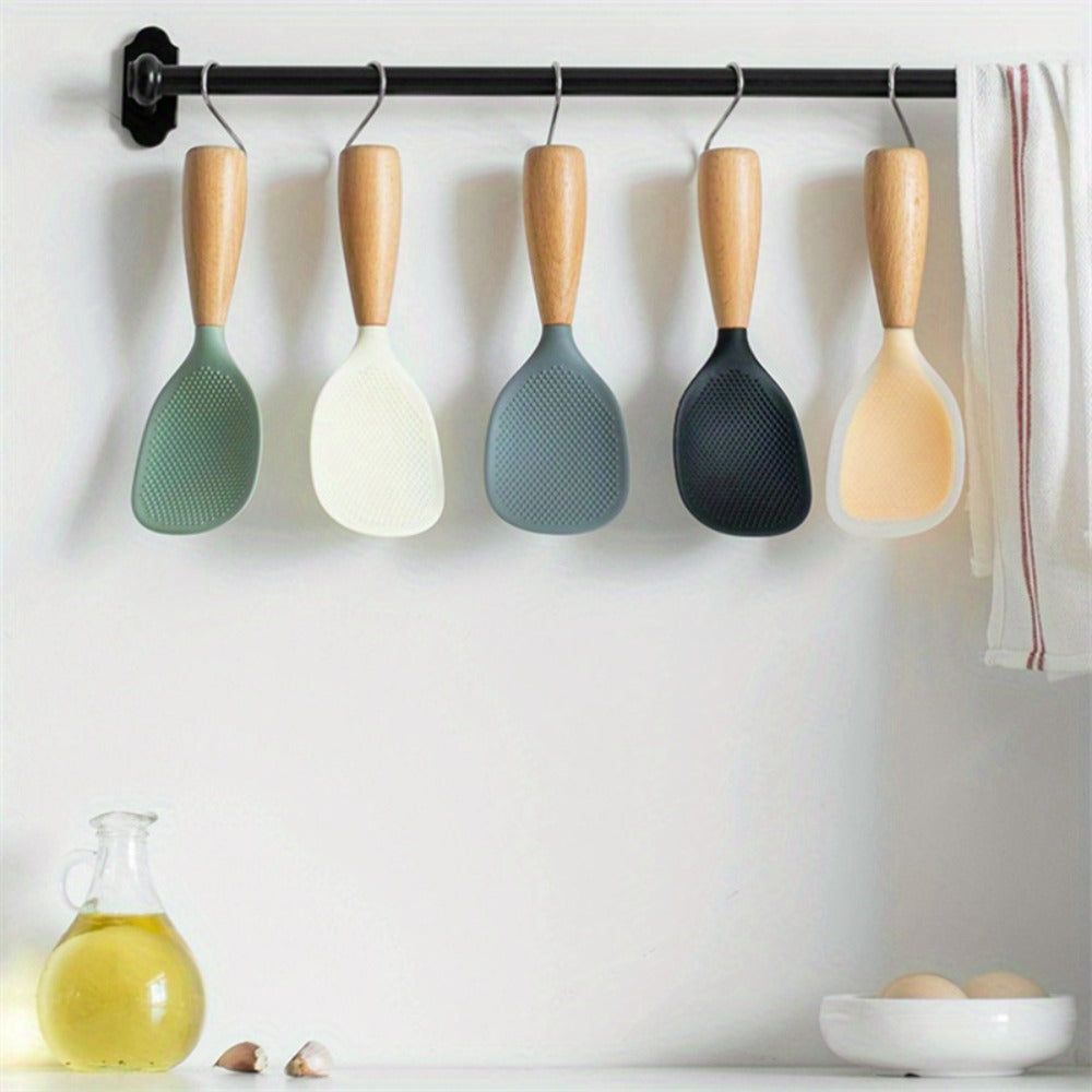 Silicone Rice Spatula Serving Spoon 2 Pack Wooden Handle Heat Resistant Durable Standing Spoon for Nonstick Pans Rice Cookers Grains Potato Server Kitchen Utensil Orange