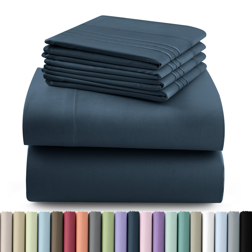 Fitted Sheet Set 6-Piece Brushed Polyester Deep Pocket Bed Sheets 20 Colors Hotel Luxury Soft Bedding with Embroidered Pillowcases