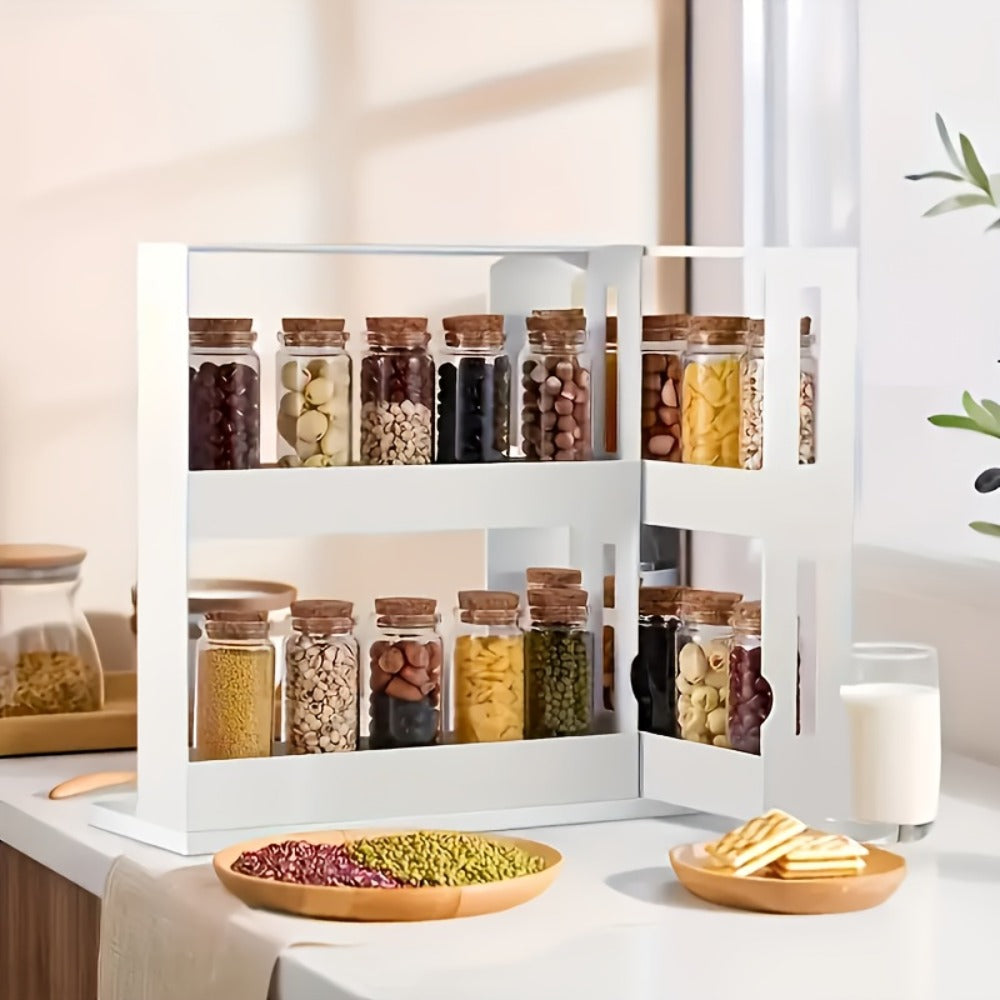 Rotating Spice Rack 2-Tier Turntable ¨C Large Capacity Pull-Out Kitchen Organizer for Countertop & Cabinet ¨C Multi-Functional 360¡ã Spinning Storage Rack for Spices, Condiments & Kitchen Essentials