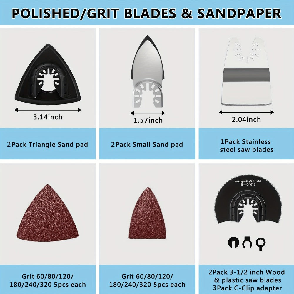 Oscillating Tool Blade Kit 98PCS Multi Tool Blades with Sanding Pads Sandpaper for Cutting Wood Plastic Metal Nails PVC Drywall Fits Most Oscillating Tool Models Universal