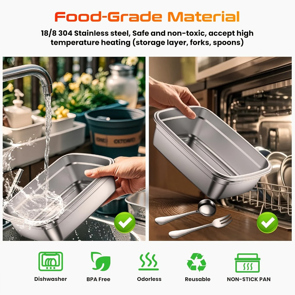 Wireless Heated Lunch Box 8000mAh Battery Powered - 60W Electric Food Warmer 1L Stainless Steel with Smart Timer 8 Settings and Power Bank Function, Portable Lunch Heater for Office Car Truck and Travel, BPA-Free with Fork Spoon and Insulated Bag