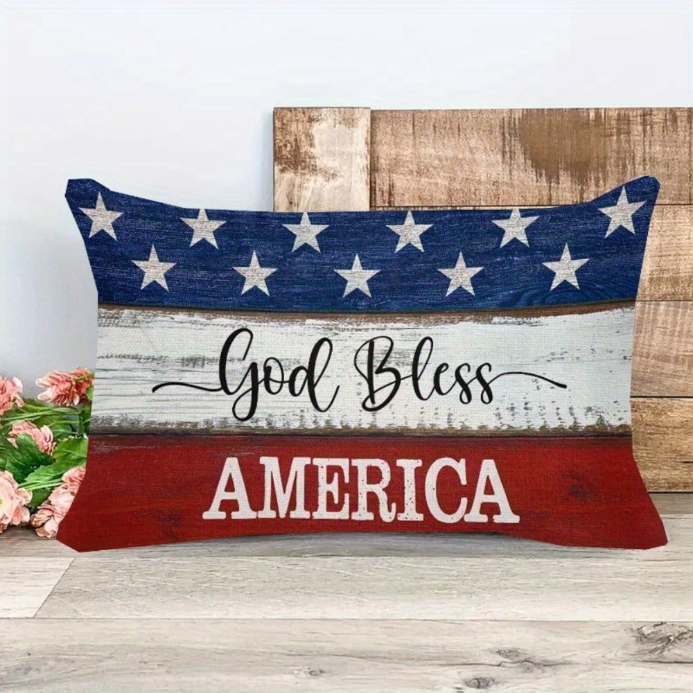 4th of July Throw Pillow Cover 12x20 Inch, God Bless America Patriotic Red White Blue Linen Cushion Case Star Pattern Distressed Wood, Boho Home Decor for Independence Day Memorial Day