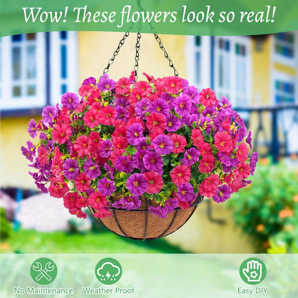 Artificial Hanging Flowers Outdoor UV-Resistant Fake Petunias with Planter Basket ¨C Realistic Faux Hanging Plants for Garden Patio Porch Balcony Railing Decor