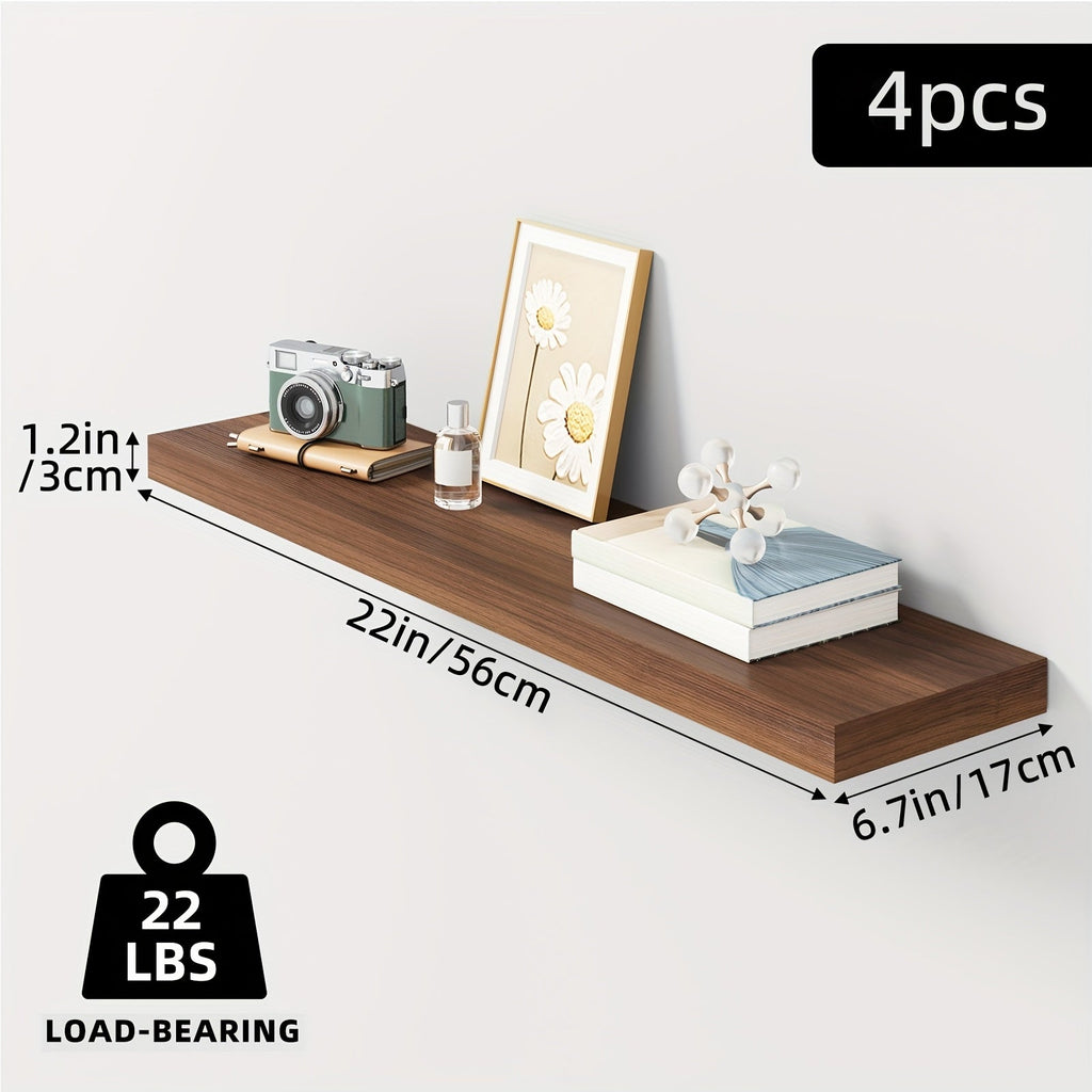 Floating Shelves Wall Mounted Set of 4 - 22 Inch Wall Shelves with Invisible Brackets for Bathroom Living Room Bedroom Kitchen Decor, Walnut Black White White Oak Light Brown