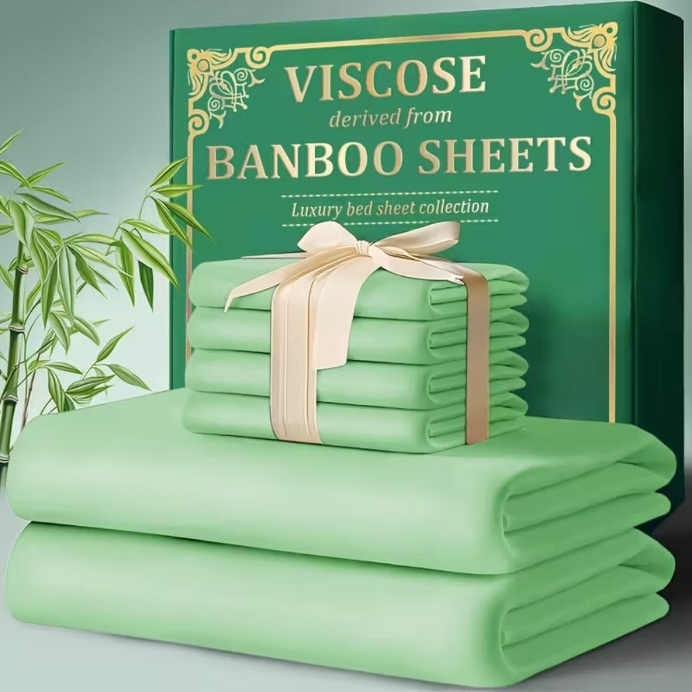Bamboo Cooling Bed Sheet Set 4pcs - Ultra Soft Breathable Deep Pocket Fitted Sheets, 2200TC Cooling Fabric, Shrink & Wrinkle Resistant, All-Season Bedding