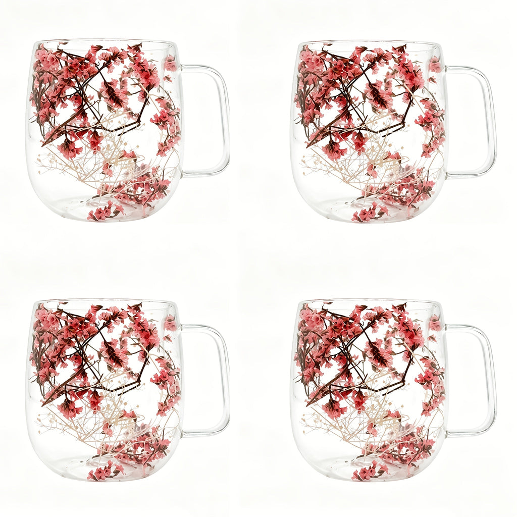 Double Wall Glass Coffee Cups with Handle Set of 4 ¨C Borosilicate Thermal Mugs for Latte Cappuccino Tea | Dried Flower & Petal Design Transparent Drinkware for Office Home Gifts