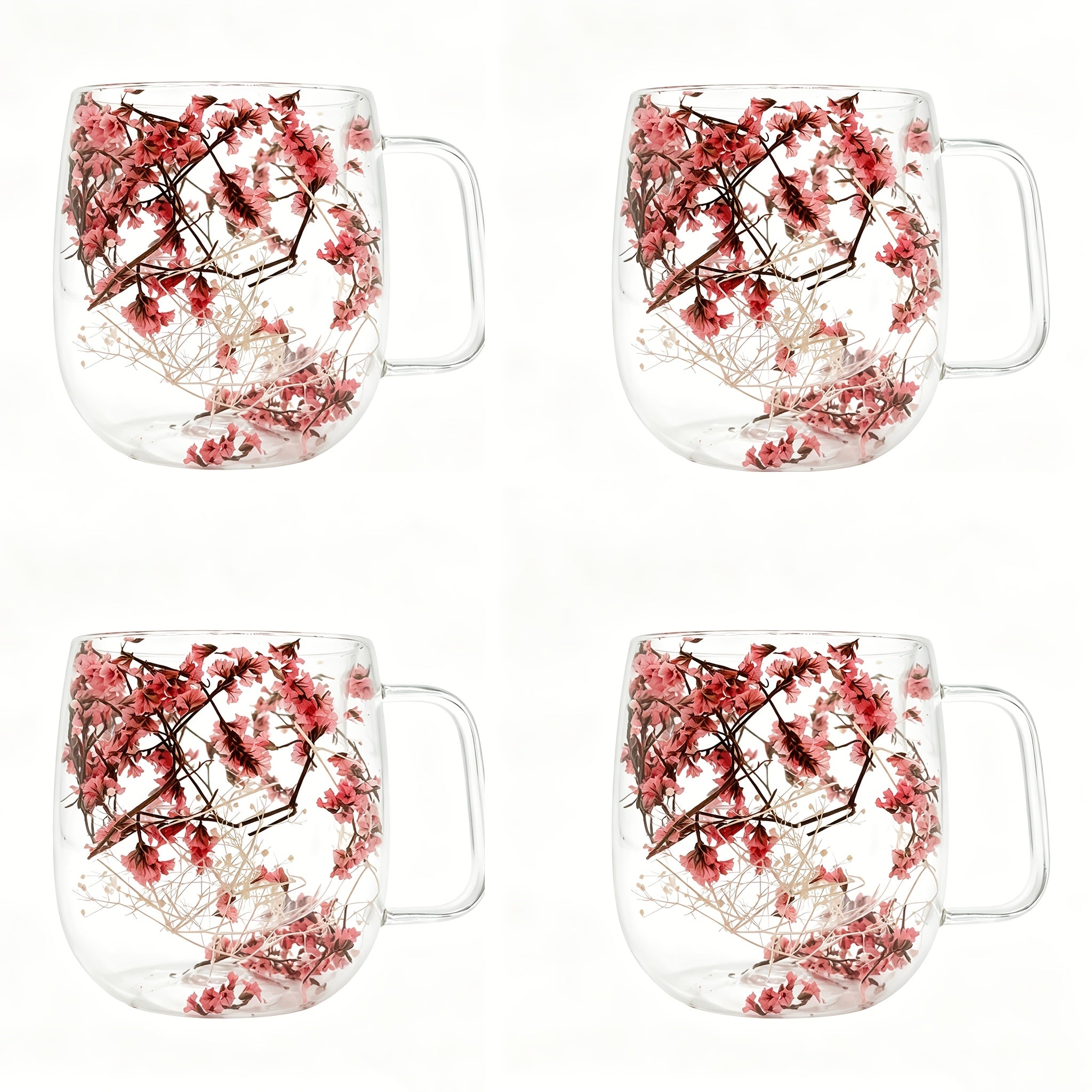 Double Wall Glass Coffee Cups with Handle Set of 4 ¨C Borosilicate Thermal Mugs for Latte Cappuccino Tea | Dried Flower & Petal Design Transparent Drinkware for Office Home Gifts