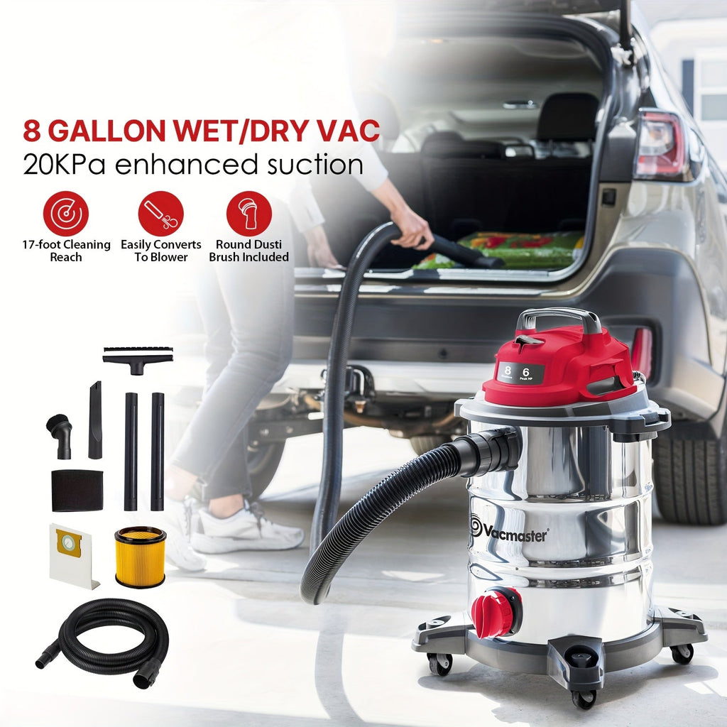 Wet Dry Vacuum Cleaner Shop Vac Stainless Steel 5 or 8 Gallon with Blower Function Powerful Suction for Garage Car Home Workshop and Pet Hair