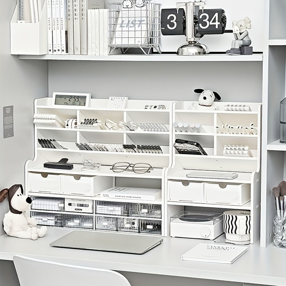 6-Layer Desktop Storage Rack Desk Organizer with File Holder Pen Holder Space-Saving Office Organizer Matte White PVC Stationery Cosmetics Dormitory Bookshelf Partition Box Multiple Sizes