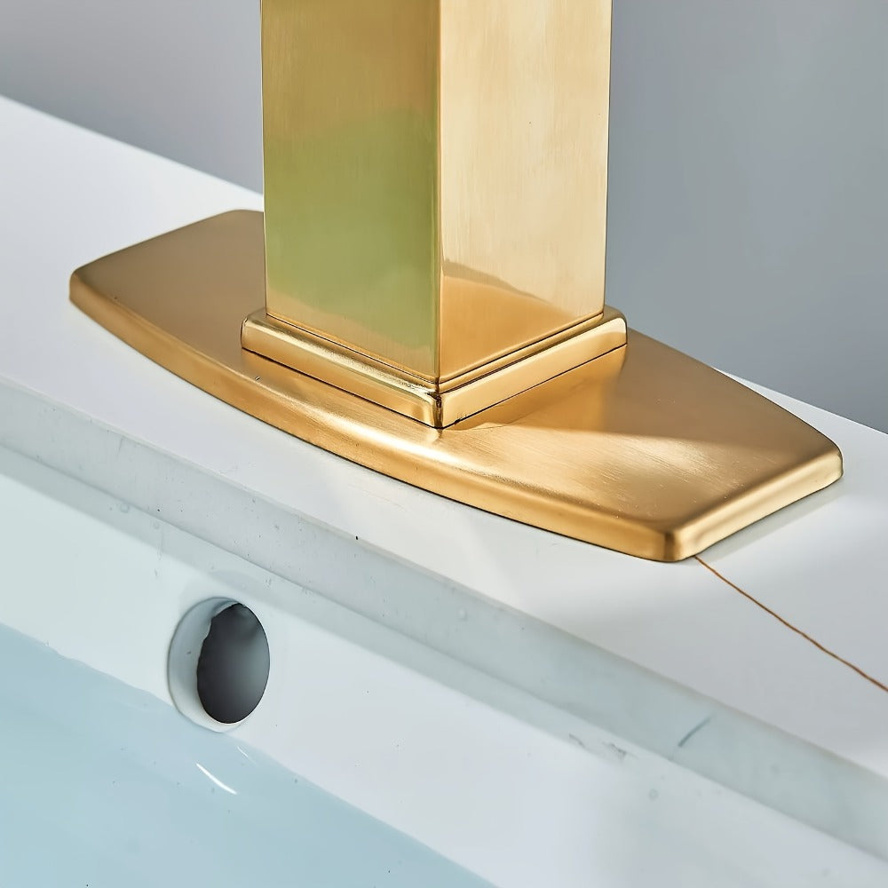 Waterfall Bathroom Sink Faucet, Single Hole or 3-Hole Mixer Tap with 6¡± Deck Plate, Ceramic Valve, Vanity Faucet for Farmhouse RV Bathroom, Brushed Gold Matte Black Nickel Chrome