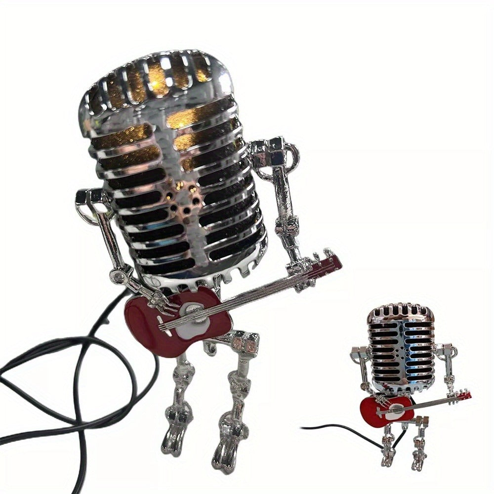 Vintage Microphone Robot Guitar Lamp USB Powered ¨C Retro Decorative Night Light for Music Lovers, Guitar Players, Home, Bar & Office Desk Decor (Red / Yellow)