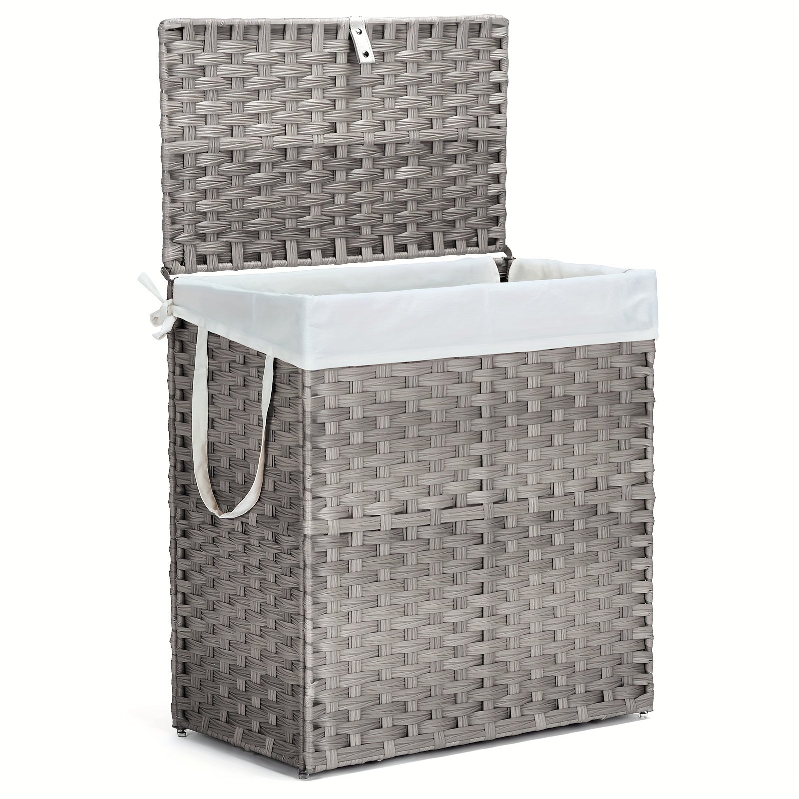 Laundry Basket with Lid - Large Foldable Rattan Hamper with Removable Washable Liner, Sturdy Steel Frame, for Bathroom Bedroom, Goose Yellow or Dove Gray