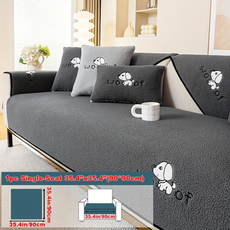 Sherpa Plush Sofa Cover Non-Slip | Thick Fleece Couch Protector, Pet Friendly Furniture Shield, 1 to 4 Seat, Armrest Backrest Pillowcase, Deep Gray Light Gray Coffee Off White