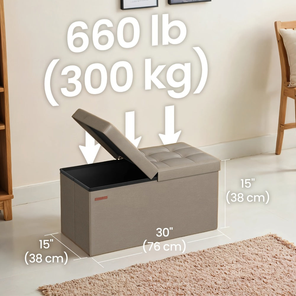Storage Ottoman with Flip Top Lid 660lbs ¨C Foldable Faux Leather Chest Stool, 30¡± Wide Extra Seating & Blanket Storage for Entryway, Living Room & Bedroom