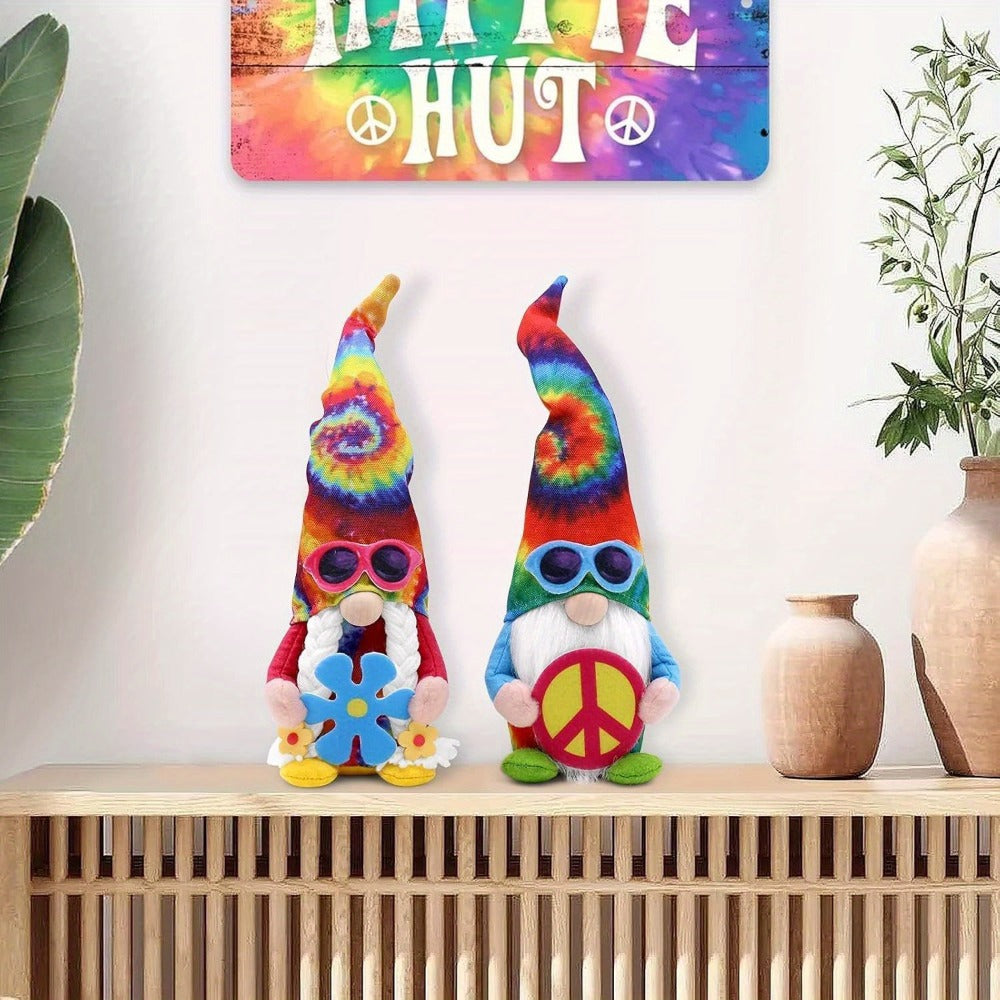 Hippie Gnomes Decorations 2 Pack ¨C Groovy Tie Dye Tomte Figurines with Peace Sign & Fashion Glasses, 13.5¡± Swedish Gnome Shelf Sitters for Farmhouse, Christmas, Halloween & Party Decor