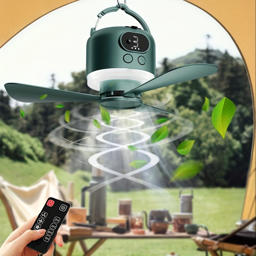 Portable Camping Ceiling Fan 10400mAh USB Rechargeable Remote Control 4-Speed Mute Fan Lamp with Phone Charging for Outdoor Tent Dorm Home White Dark Green