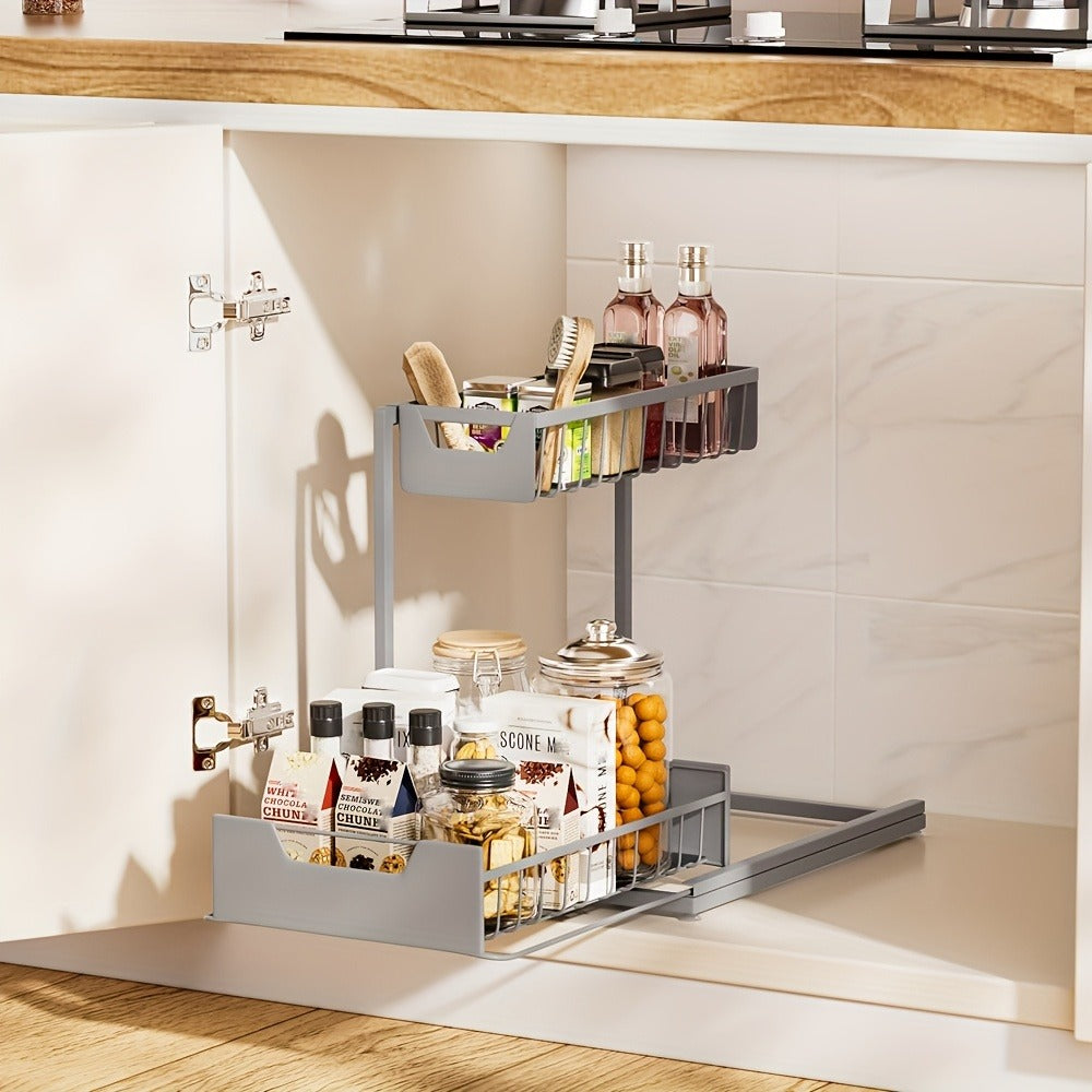 Under Sink Organizer 2-Tier Sliding Pull-Out Metal Rack Cabinet Storage for Kitchen Bathroom Refrigerator Adjustable Shelf Organizer in Black White Gray