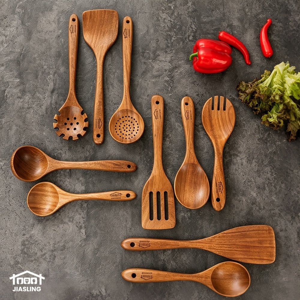Wooden Spoons for Cooking 10 Pcs ¨C Teak Wood Kitchen Utensils Set, Non-Stick Safe Spatulas & Spoon Cooking Tools