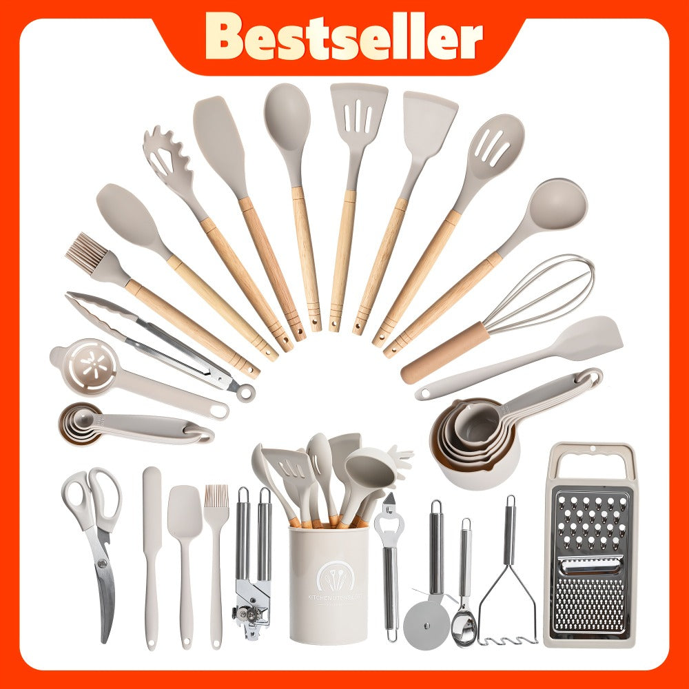 Silicone Kitchen Utensil Set 12PCS with Wooden Handle - Heat Resistant Non-Stick Safe Cooking Spatula Spoon Turner Tongs Brush with Holder for Home Restaurant Gift
