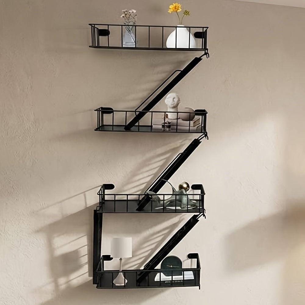 Wall Mounted Staircase Shelf with Hooks, Multi-Level Iron Storage Rack Floating Shelves for Bedroom Living Room Kitchen, Contemporary Metal Wall Organizer Home Decor Display