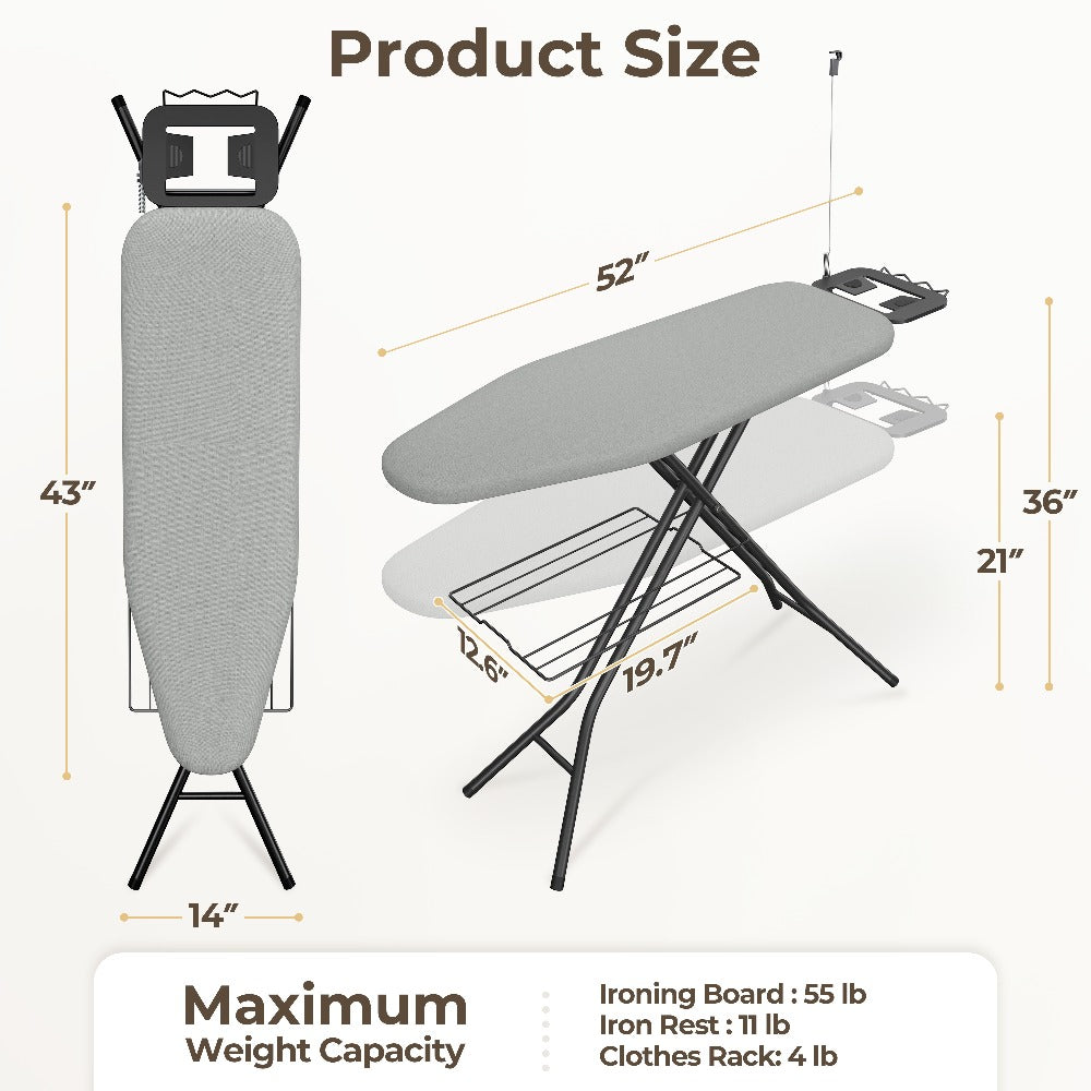 Ironing Board Full Size Foldable Height Adjustable with Clothes Rack Cord Holder 4-Layer Pad Heavy Duty Steel Legs for Laundry Room Living Room Dorm