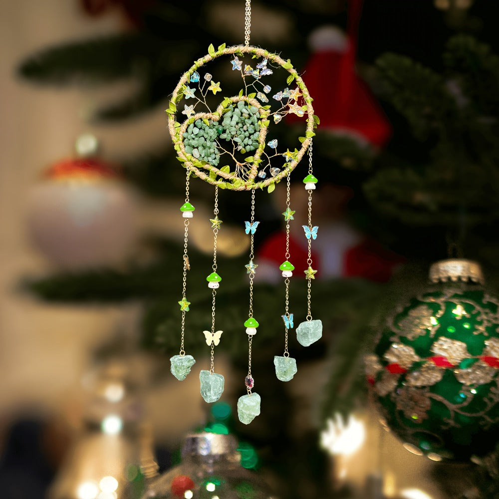 Boho Crystal Wall Hanging Decor ¨C Handmade Stone Bead Wind Chime with Colorful Gemstone Heart & Circular Crystal Pendant for Bedroom Living Room Christmas Mother's Day Thanksgiving Gift (Purple/Pink/Green)