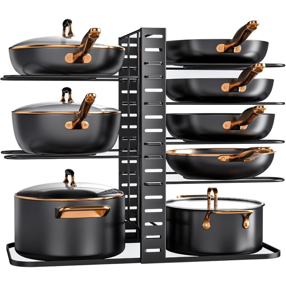 Pot and Pan Organizer 8-Tier with Lid Rack - Kitchen Cabinet Storage Rack for Cookware Pots Pans Lids and Utensils, Space Saving Vertical Cookware Organizer for Cabinet Pantry and Counter, Available in 1 or 2 Pack