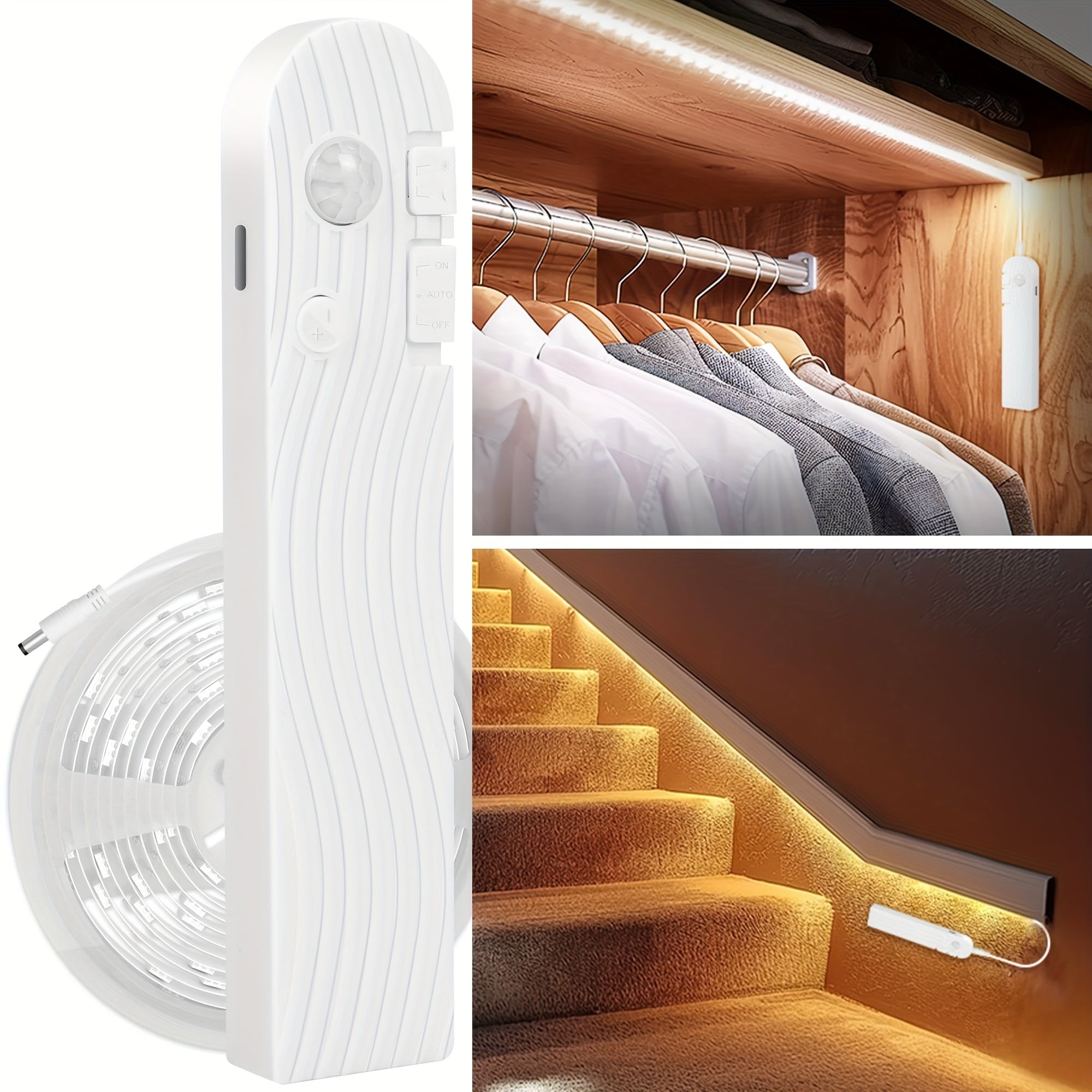 Motion Sensor LED Stair Light Strip 16.4Ft Battery Powered | Rechargeable 2200mAh Auto Motion Activated Indoor Lighting for Staircase, Closet, Pantry, Kitchen & Hallway, Flexible Adhesive LED Strip