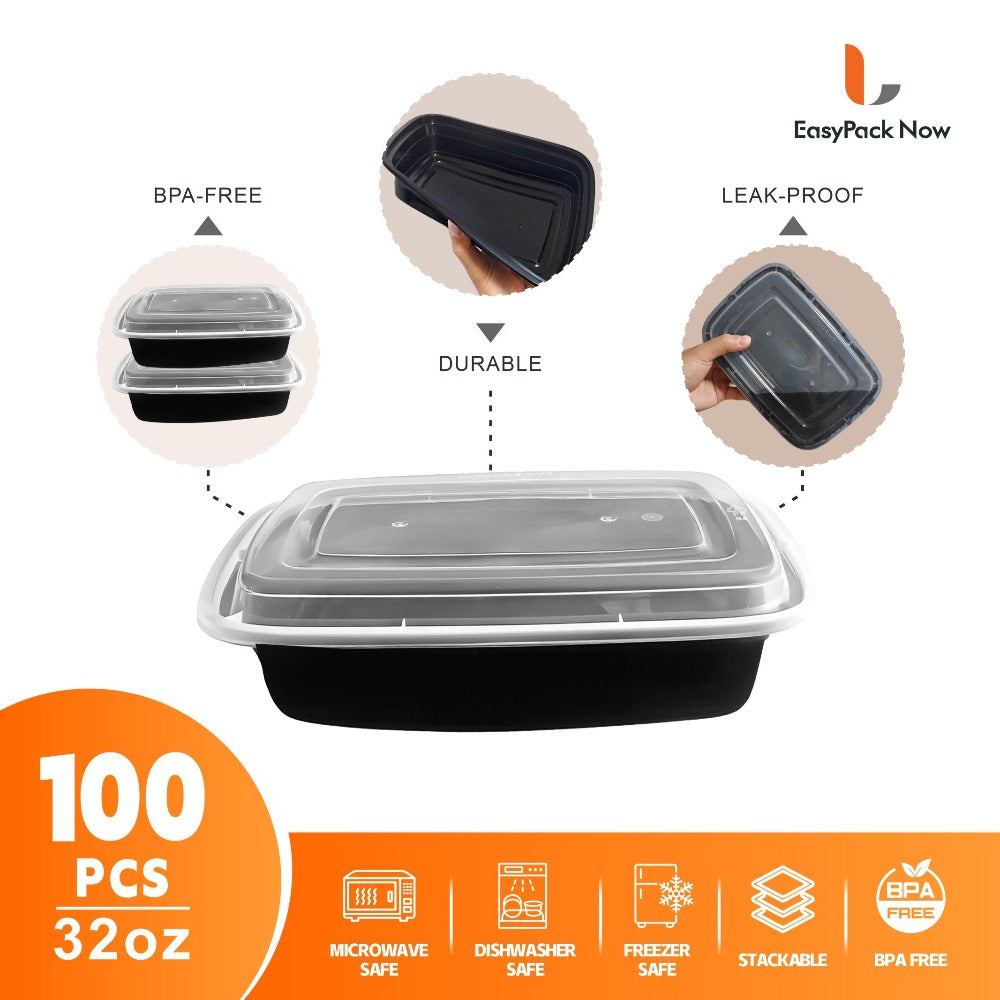 Meal Prep Containers 32oz 100 Pack ¨C Black Stackable Leakproof Food Storage Set (50 Containers + 50 Lids), BPA-Free, Microwave & Dishwasher Safe, for Food Truck, Catering, Office Lunch & Takeout