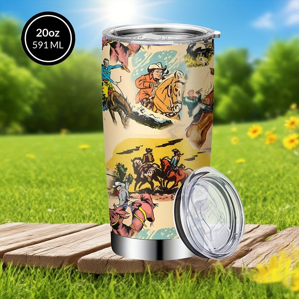 Cowboy Insulated Tumbler 20oz Stainless Steel with Lid & Straw | Western Graphic Travel Cup for Hot & Cold Drinks ¨C Camping Drinkware, Birthday & Holiday Gift for Men & Women