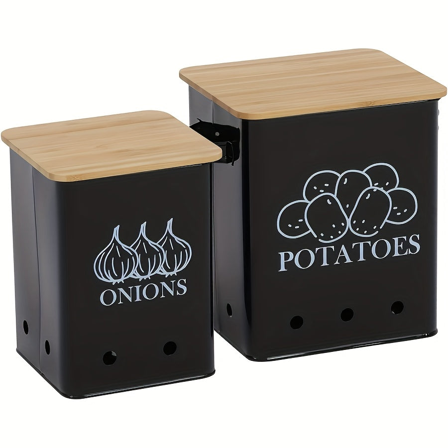 Kitchen Storage Canister Potato Onion Storage Bin Aerating Ventilation Holes Wooden Lid Multipurpose Kitchen Organizer for Onion Potato Fruit Vegetable Black White Grey Green