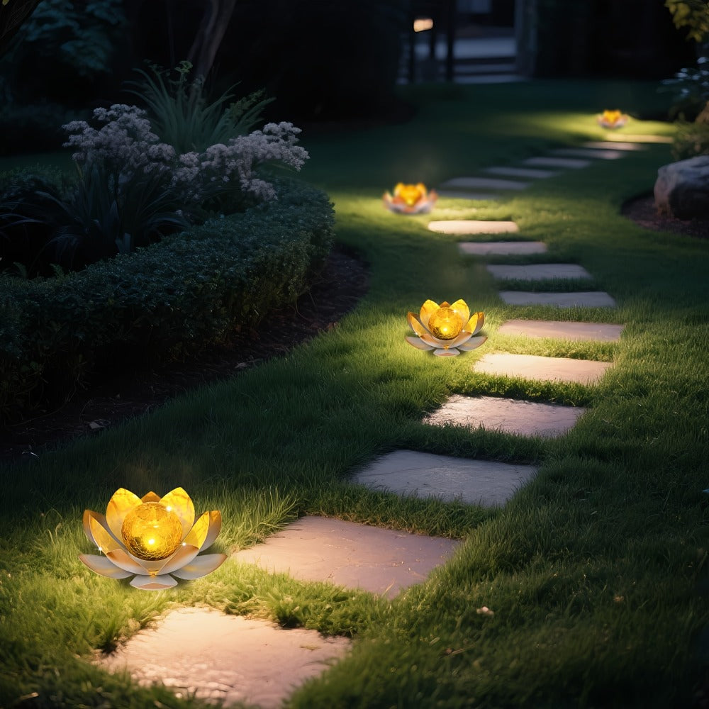 Solar Lotus Garden Lights 2-Pack ¨C Rustic Iron Outdoor Stake Light with Cracked Glass Globe, IPX4 Waterproof Solar Powered Yard Lawn Patio Pool Decor, Warm Glow Landscape Lighting Gift